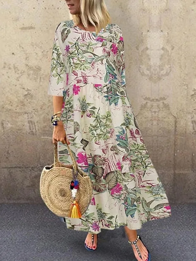 Women's Shift Dress Maxi long Dress Red Navy Blue Yellow Half Sleeve Floral Print Spring Summer Round Neck Casual Vacation Loose 2023 M L XL XXL 3XL 4XL 5XL