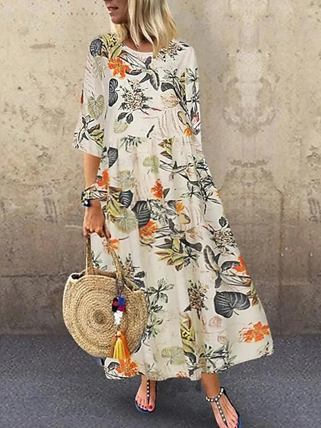 Women's Shift Dress Maxi long Dress Red Navy Blue Yellow Half Sleeve Floral Print Spring Summer Round Neck Casual Vacation Loose 2023 M L XL XXL 3XL 4XL 5XL