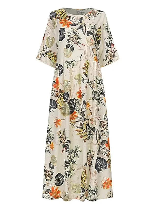 Women's Shift Dress Maxi long Dress Red Navy Blue Yellow Half Sleeve Floral Print Spring Summer Round Neck Casual Vacation Loose 2023 M L XL XXL 3XL 4XL 5XL