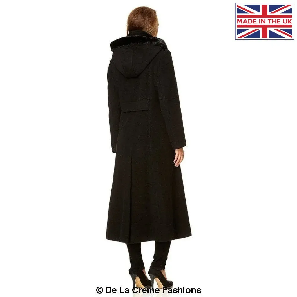 Wool Blend Faux Fur Trim Hooded Long Coat