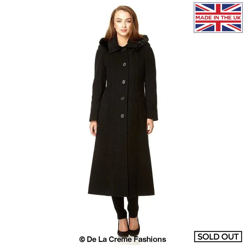 Wool Blend Faux Fur Trim Hooded Long Coat