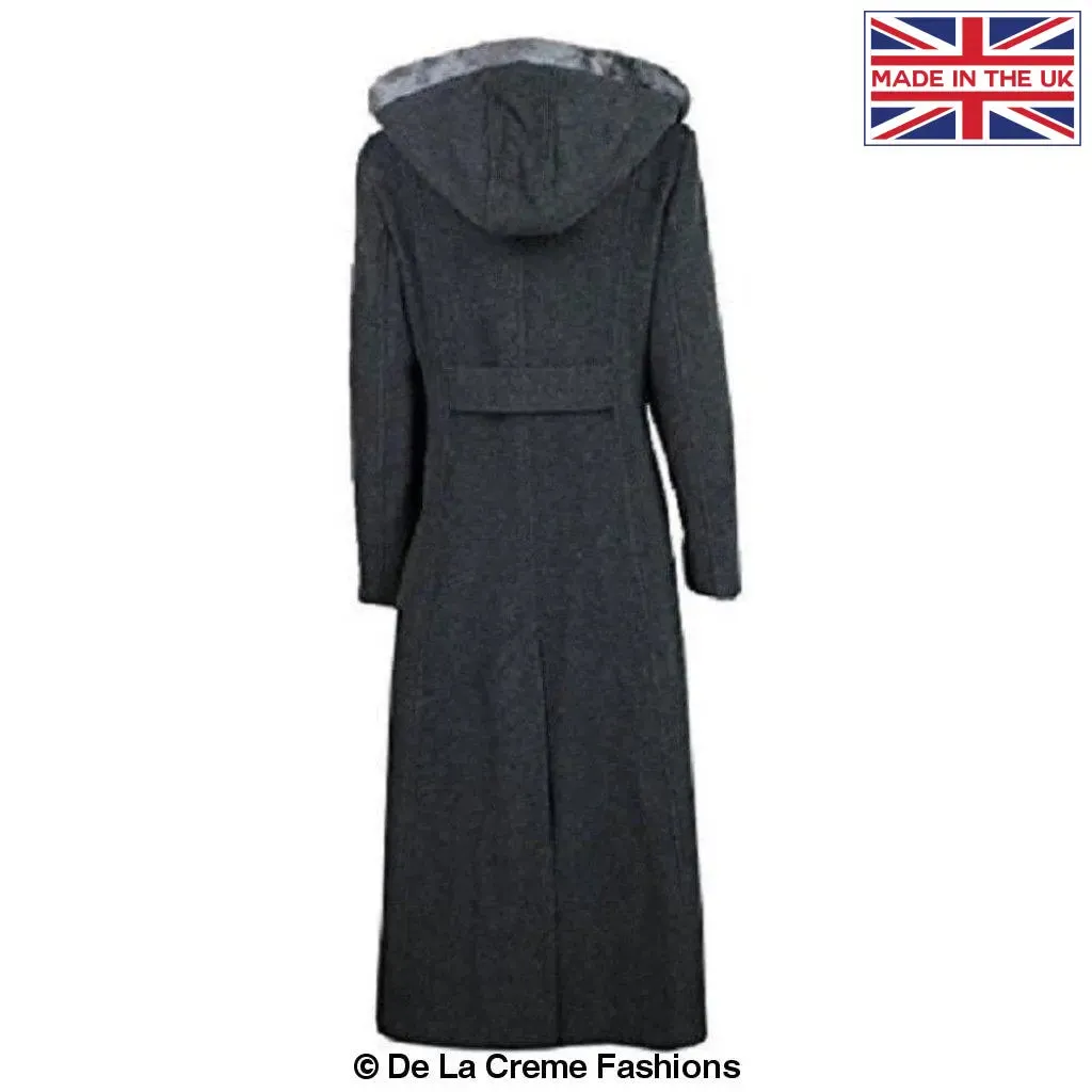 Wool Blend Faux Fur Trim Hooded Long Coat