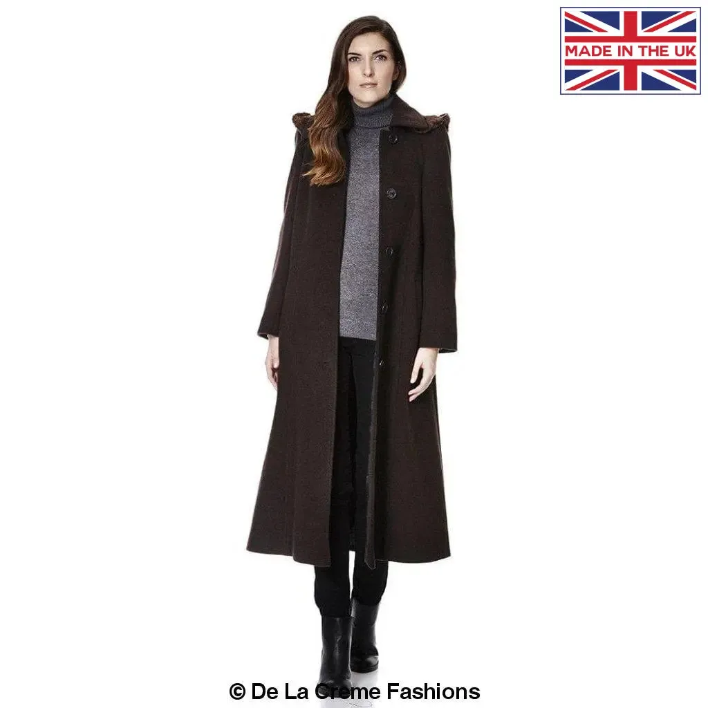 Wool Blend Faux Fur Trim Hooded Long Coat