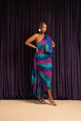 ZURI African Print One Sleeve Drape Maxi Dress